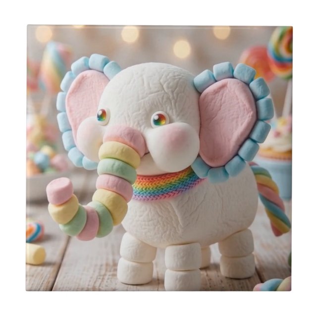 Whimsical Marshmallow Elephant and Pastel Candies Tile (Front)