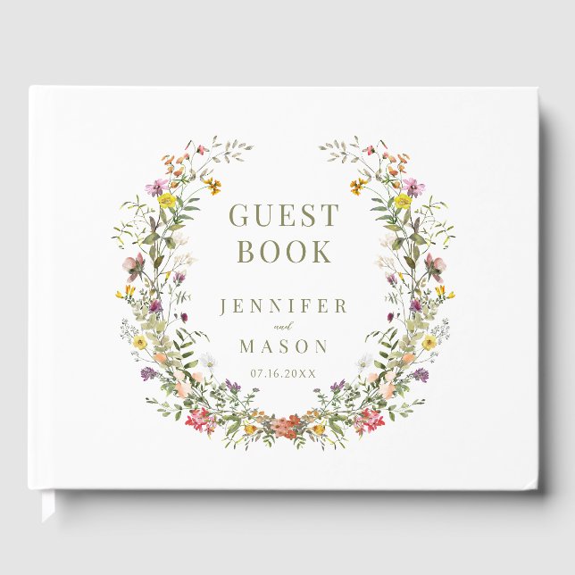 Whimsical meadow flower wreath wedding guest book (Front)