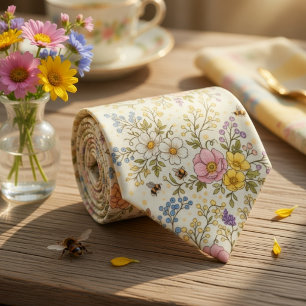 Whimsical Meadow Flowers & Bees Tie