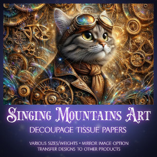 Whimsical Mechanical Steampunk Cat Decoupage  Tissue Paper