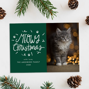 Whimsical Meowy Christmas Green Cat Photo Holiday Card