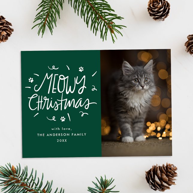 Whimsical Meowy Christmas Green Cat Photo Holiday Card (Creator Uploaded)