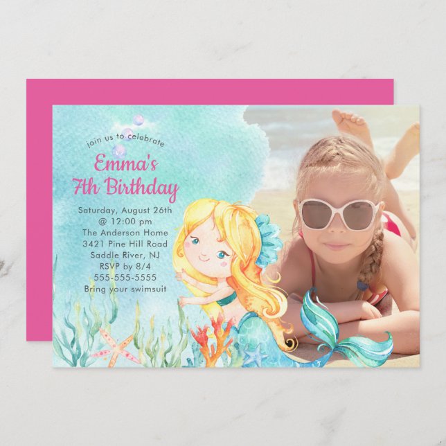 Whimsical Mermaid Photo Birthday Invitation (Front/Back)