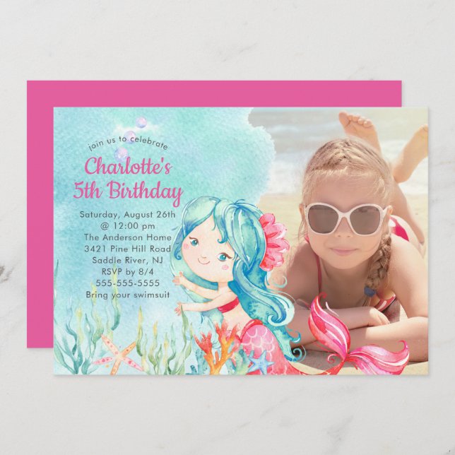 Whimsical Mermaid Photo Birthday Invitation (Front/Back)