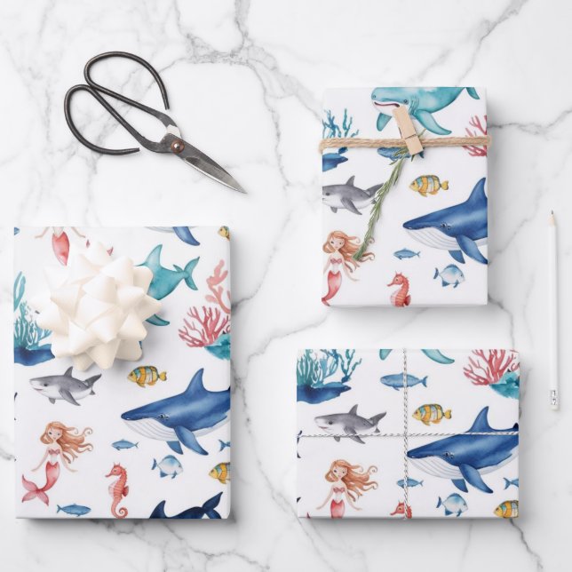  whimsical mermaid rainbow fish shark birthday wrapping paper sheet (Front)