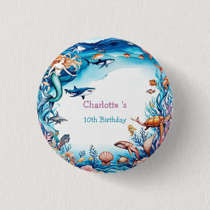 whimsical mermaid rainbow sea birthday party 1 inch round button