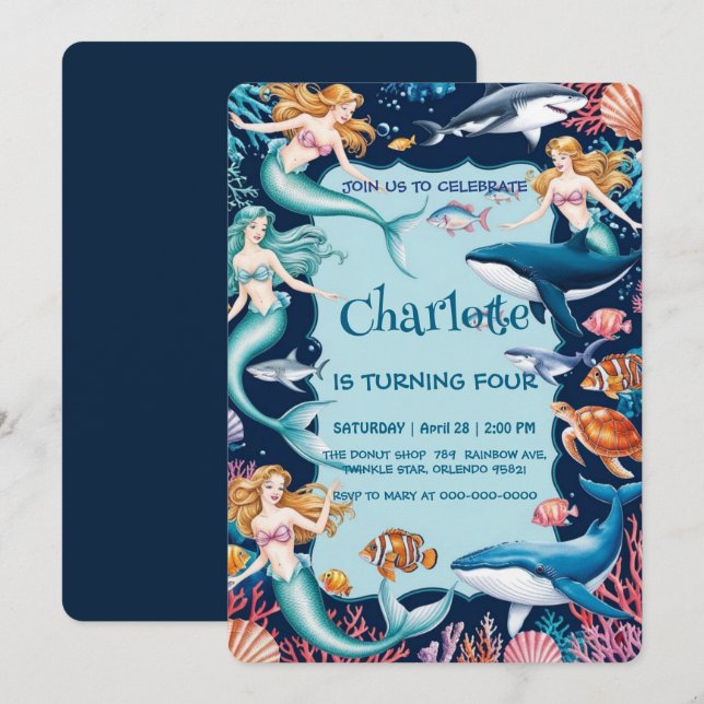  whimsical mermaid rainbow sea birthday party  invitation (Front/Back)