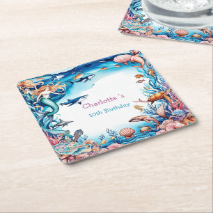 whimsical mermaid rainbow sea birthday party square paper coaster