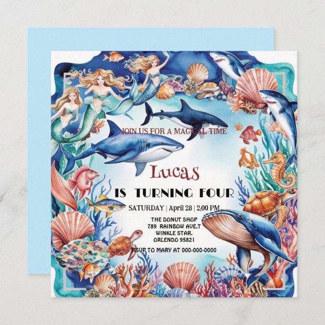  whimsical mermaid rainbow turtle shark birthday invitation (Front/Back)