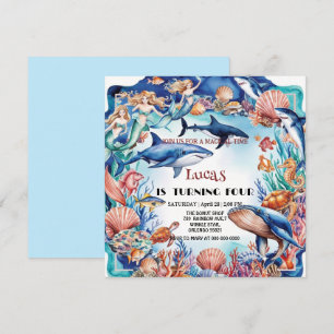  whimsical mermaid rainbow turtle shark birthday invitation