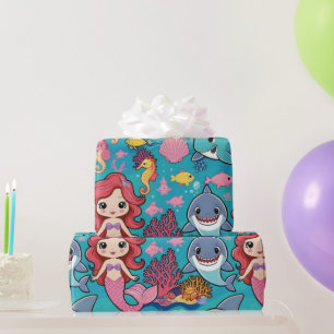  whimsical mermaid sea whale shark birthday wrapping paper