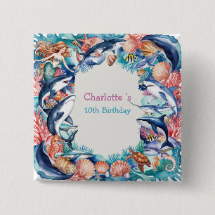 whimsical mermaid shark whale fish birthday party 2 inch square button