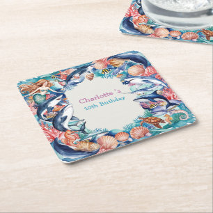 whimsical mermaid shark whale fish birthday party square paper coaster