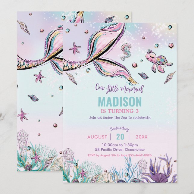 Whimsical Mermaid Tail Under the Sea Birthday Invitation (Front/Back)