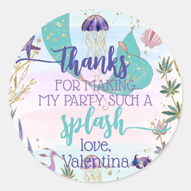 Whimsical Mermaid Tail Under the Sea Party Thanks Classic Round Sticker (Front)