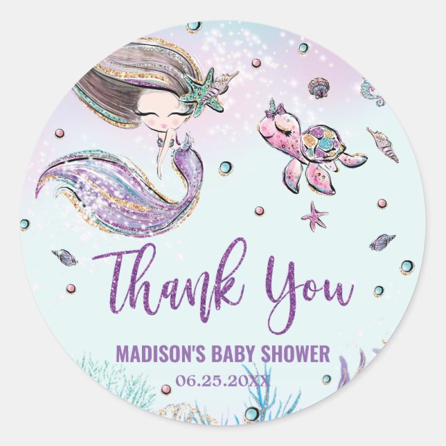 Whimsical Mermaid Under the Sea Baby Shower Favour Classic Round Sticker (Front)