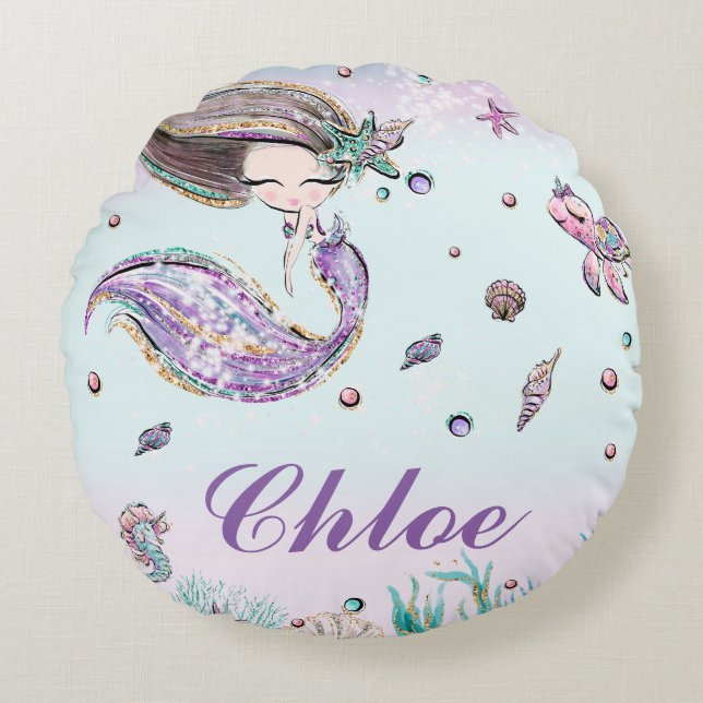 Whimsical Mermaid Under the Sea Chic Girl Bedroom Round Pillow (Front)