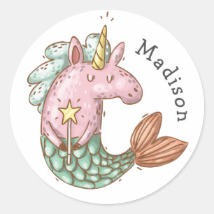 Whimsical Mermaid Unicorn with Name Classic Round Sticker