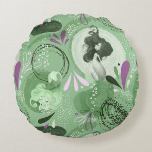 Whimsical Mermaids Green Abstract Print Round Pillow