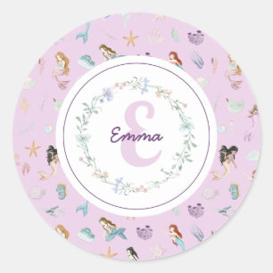 Whimsical Mermaids Monogram Classic Round Sticker