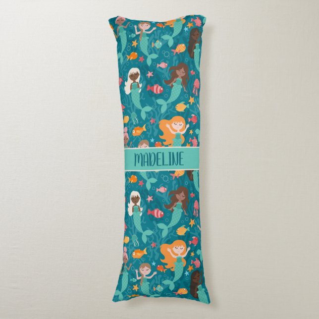 Whimsical Mermaids Under The Sea Teal Body Pillow (Front Vertical)