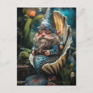 Whimsical Merman Gnome Figurine in Seashell - Unde Holiday Postcard
