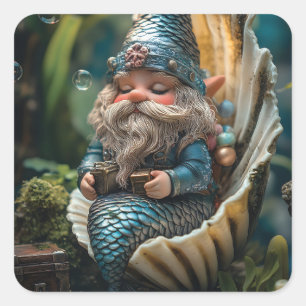 Whimsical Merman Gnome Figurine in Seashell - Unde Square Sticker