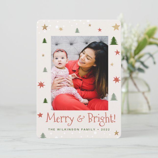 Whimsical Merry and Bright Christmas Custom Photo Holiday Card (Standing Front)