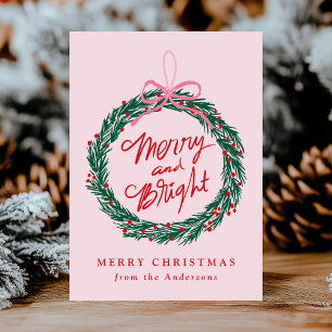 Whimsical Merry and Bright Wreath Pink Non-Photo Holiday Card