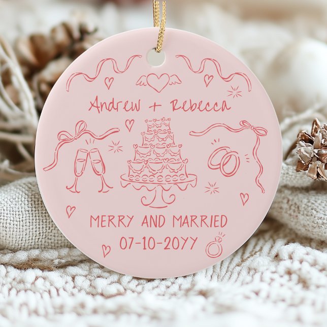 Whimsical merry and married handdrawn bow doodle ceramic ornament (Creator Uploaded)
