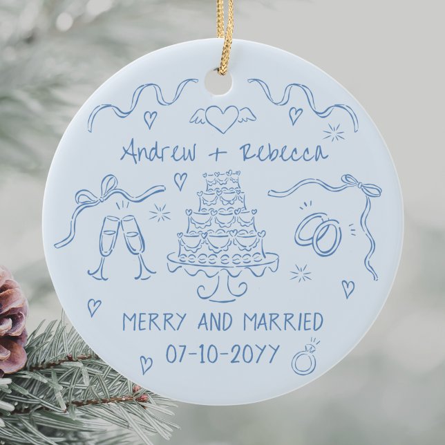 Whimsical merry and married handdrawn bow doodle ceramic ornament (Creator Uploaded)