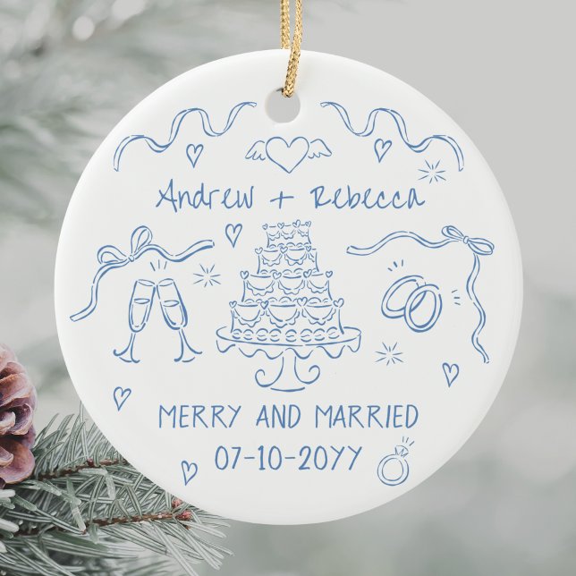 Whimsical merry and married handdrawn bow doodle ceramic ornament (Creator Uploaded)