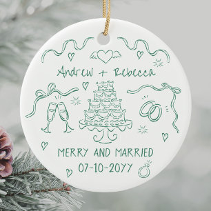 Whimsical merry and married handdrawn bow doodle ceramic ornament