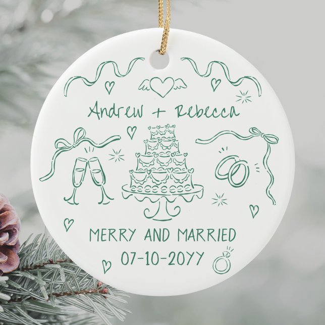 Whimsical merry and married handdrawn bow doodle ceramic ornament (Creator Uploaded)