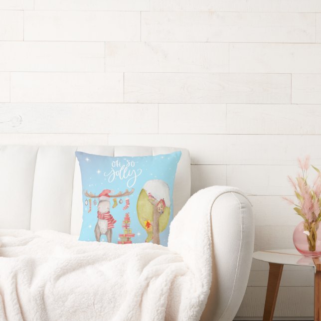 Whimsical Merry Chris Moose - Oh So Jolly  Throw Pillow (Couch)