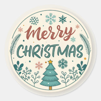 Whimsical Merry Christmas Round Sticker with Tree