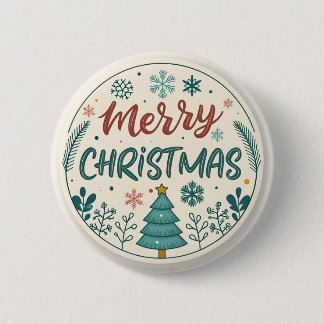 Whimsical Merry Christmas Round Sticker with Tree  2 Inch Round Button