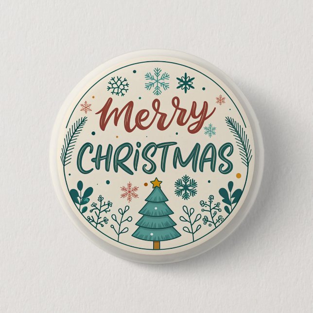 Whimsical Merry Christmas Round Sticker with Tree  2 Inch Round Button (Front)