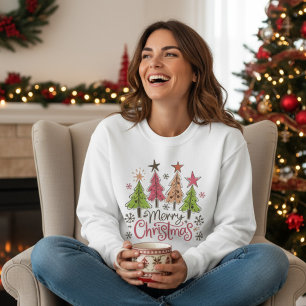 Whimsical Merry Christmas Trees Winter Snowflakes Sweatshirt