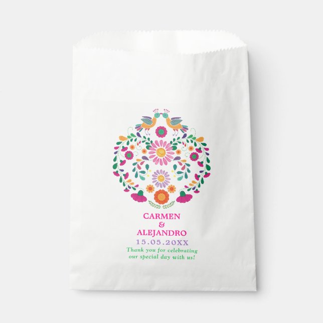 Whimsical Mexican Fiesta Floral Love Birds Wedding Favour Bag (Front)