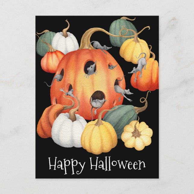 Whimsical Mice and Pumpkins Halloween Postcard (Front)