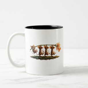 Whimsical Mice Carrying Daffodil Line Art Two-Tone Coffee Mug