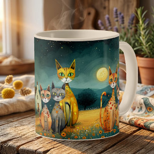 Whimsical Midnight Garden Folk Art Cats Coffee Mug