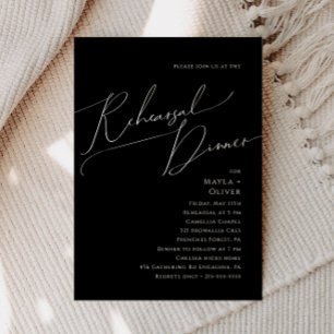 Whimsical Minimal Script Black Rehearsal Dinner Invitation