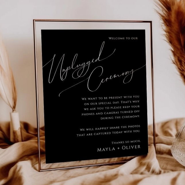 Whimsical Minimal Script Black Unplugged Ceremony Poster (Creator Uploaded)