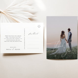 Whimsical Minimal Script Photo Wedding Thank You Postcard