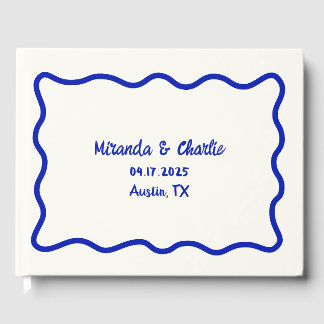 Whimsical Minimal Wavy Border Bold Blue Wedding Guest Book