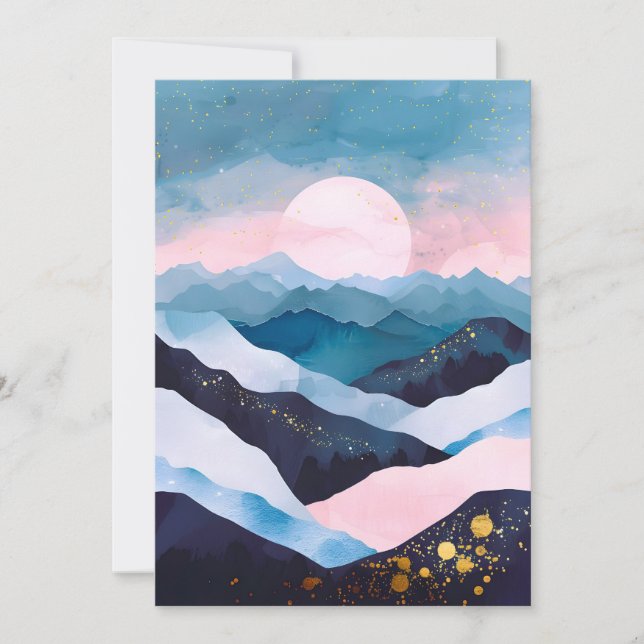 Whimsical Minimalist Gold Mountain Watercolor Announcement (Front)