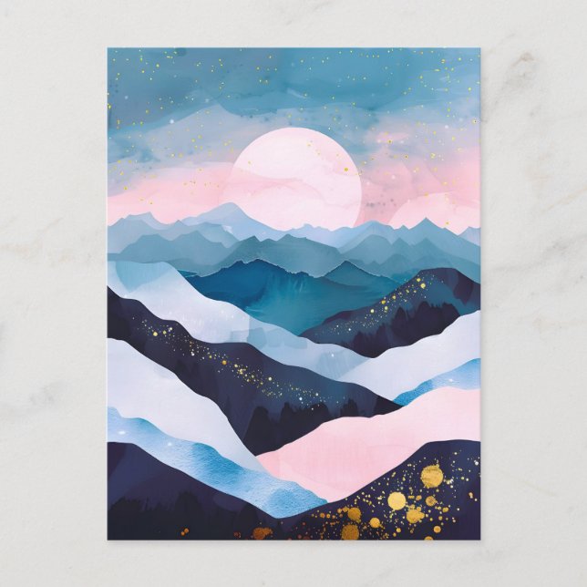 Whimsical Minimalist Gold Mountain Watercolor Holiday Postcard (Front)