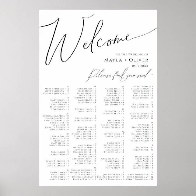 Whimsical Minimalist Script Alphabetical Seating P Poster (Front)